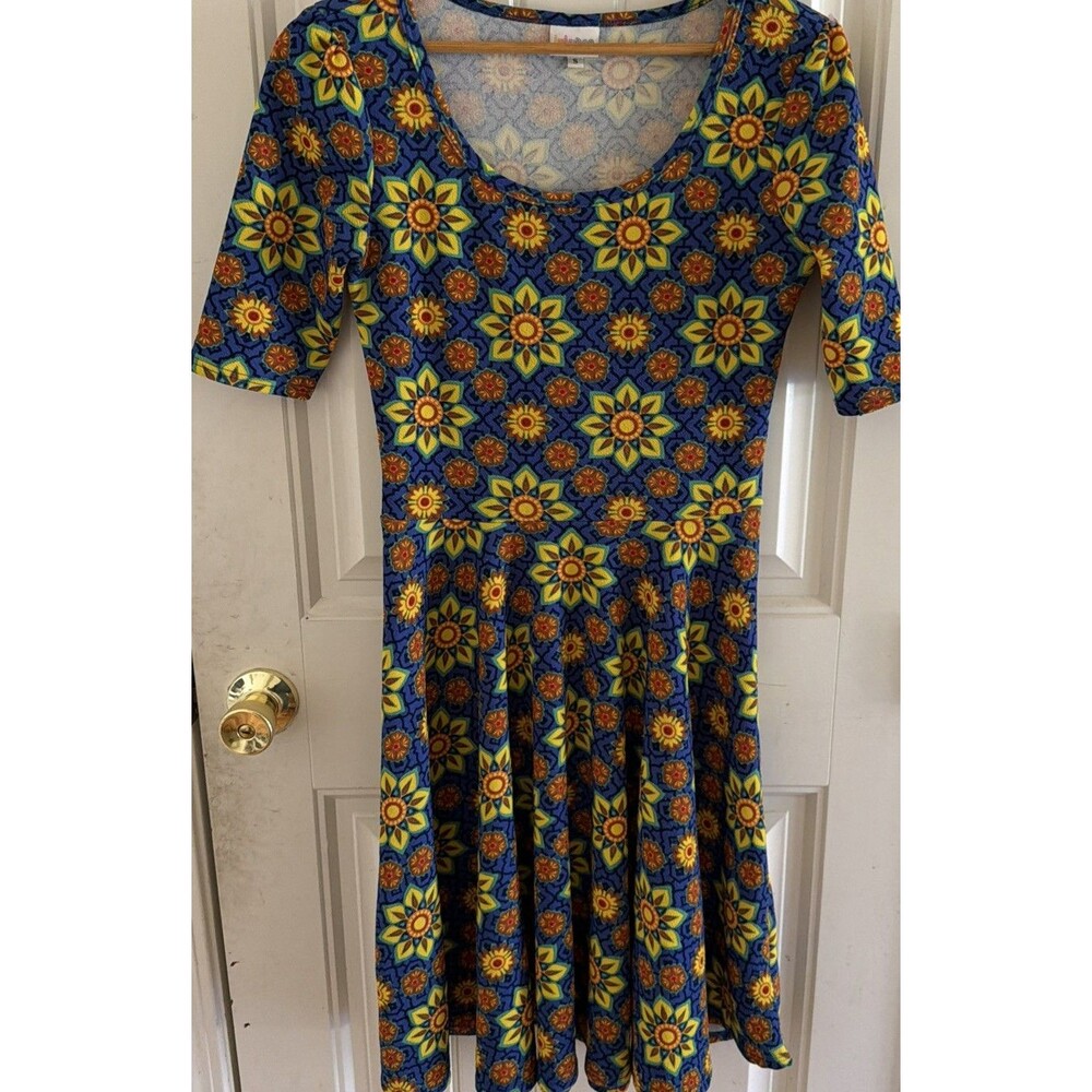 Lularoe Nicole Women’s Dress Size S Blue Yellow Flower Print